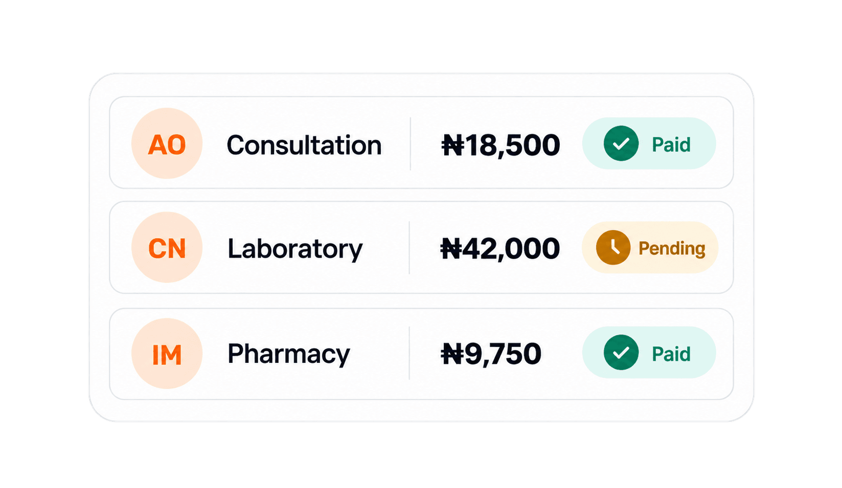 Illustration of hospital service transactions and payment statuses
