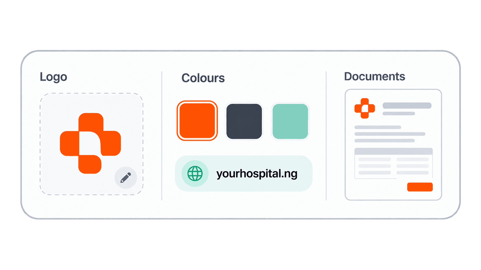 Illustration of hospital logo, colours, documents, and custom domain settings