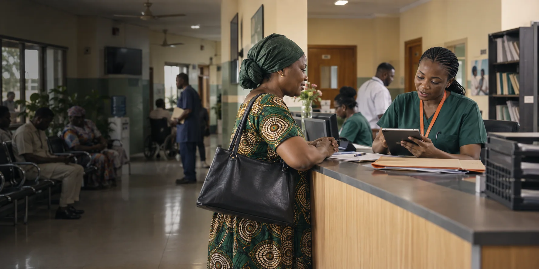 A Nigerian patient checking in at a hospital reception