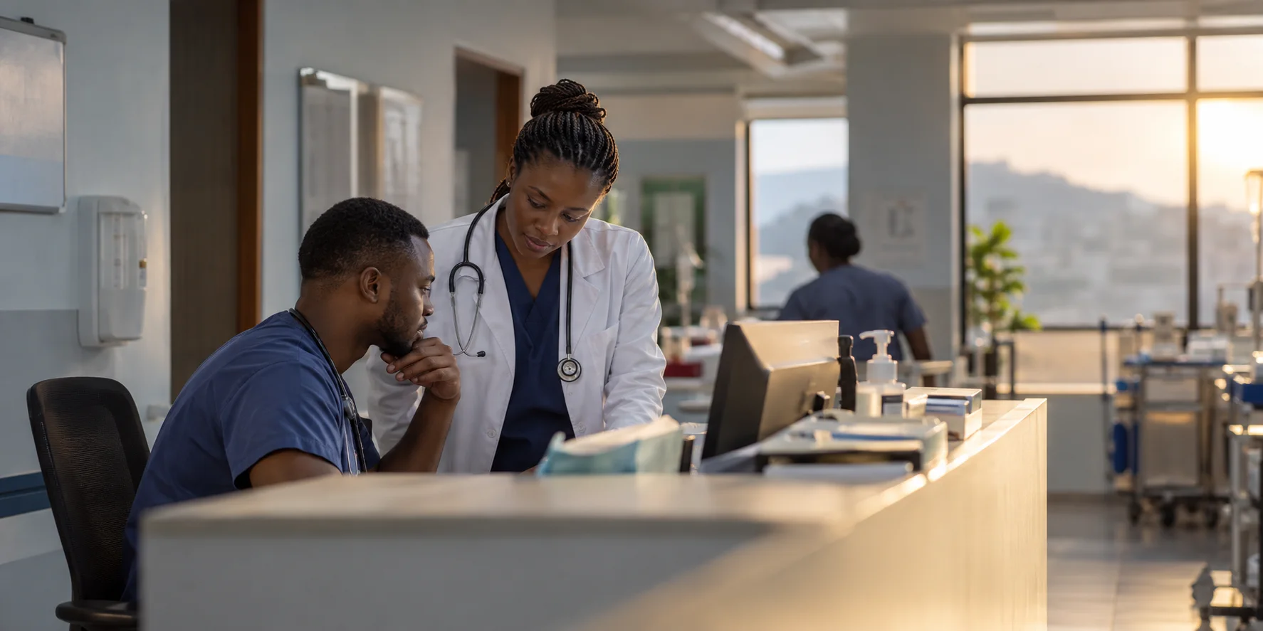 Two clinicians reviewing a patient handoff at a hospital team station