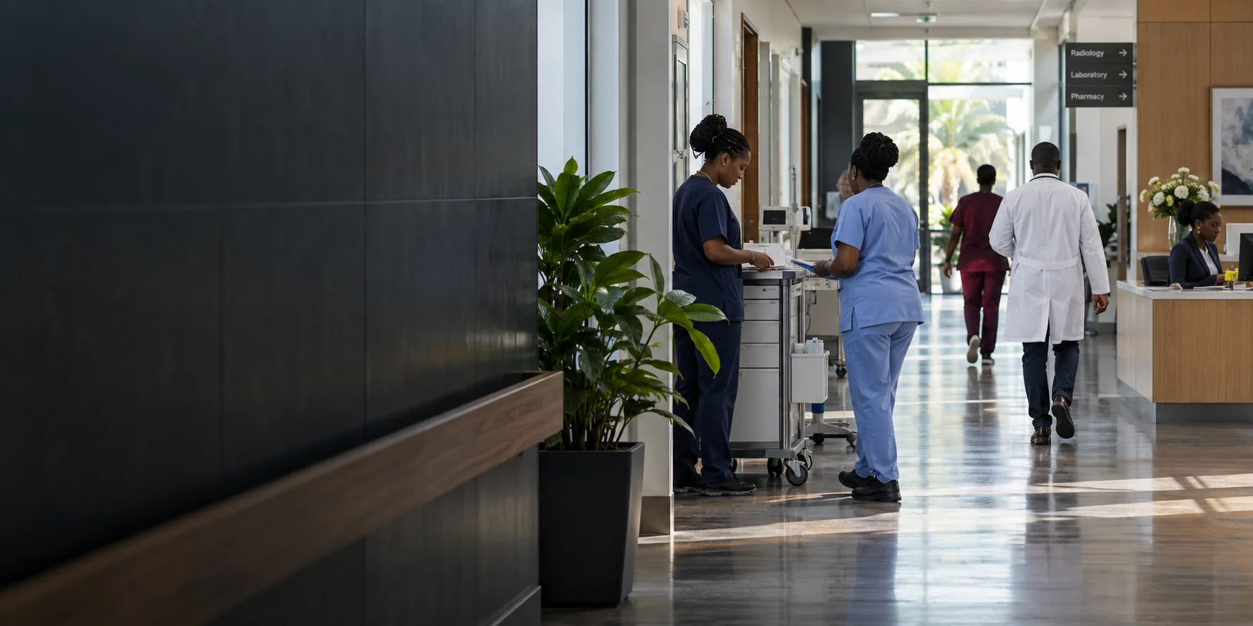Clinical and operational teams working across a busy modern hospital